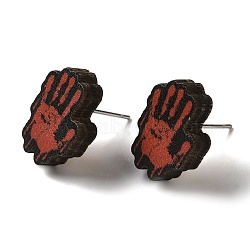 Wood Stud Earrings, with 316 Surgical Stainless Steel Pin, Halloween Theme, Dark Red, Palm, 16x12mm(EJEW-Z054-02M)