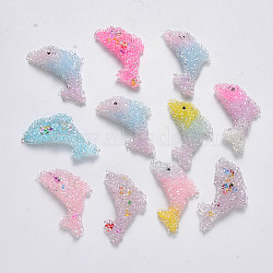 Transparent Acrylic Beads, with Glitter Powder and Crystal Rhinestone, Dolphin, Half Drilled, Mixed Color, 37x19x7mm, Half Hole: 1.8mm(TACR-R141-05)