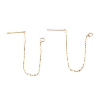 Brass Stud Earring Findings, Ear Thread with Loop, Long-Lasting Plated, Real 18K Gold Plated, 68.5x0.5mm, Hole: 2mm, Pin: 0.8mm