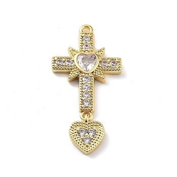 Rack Plating Brass Micro Pave Cubic Zirconia Pendants, Cadmium Free & Lead Free, Long-Lasting Plated, Cross, Real 18K Gold Plated, 29x14x3mm, Hole: 1.2mm