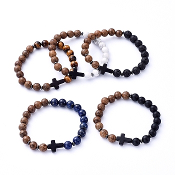 Natural Wood Beads Stretch Bracelets, with Natural Gemstone Beads, Non-Magnetic Synthetic Hematite Beads and Cross Synthetic Turquoise(Dyed) Beads, Inner Diameter: 2-1/8 inch(5.5cm)