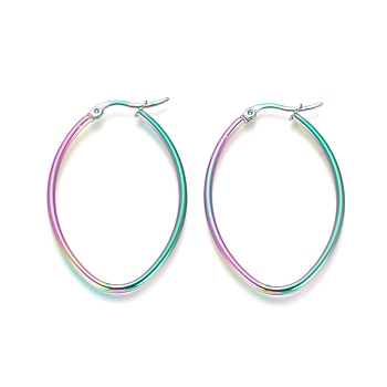 304 Stainless Steel Geometric Hoop Earrings, Hypoallergenic Earrings for Women Girls, Hypoallergenic Earrings, Oval, Rainbow Color, 45x30.5x2mm, 12 Gauge, Pin: 1x0.6mm