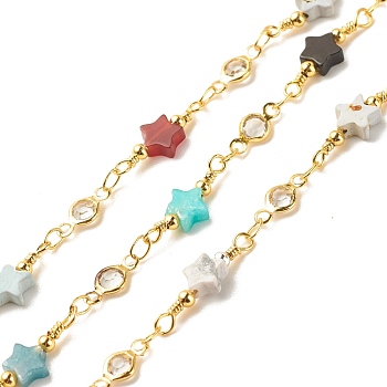 Brass Glass Oval Link Chains, with Natural Mixed Stone Star Beaded, Long-Lasting Plated, Soldered, with Spool, Colorful, 10x4.5x2mm, 17~20x6mm
