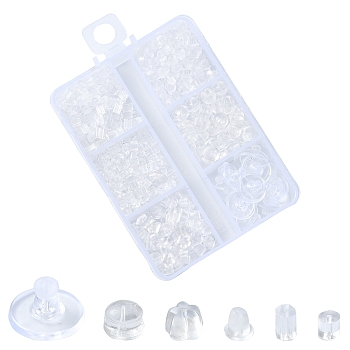 600Pcs 7 Styles Plastic Ear Nuts, Earring Backs, Clear, 3~10x3~10x2.5~6mm, Hole: 0.5~0.7mm