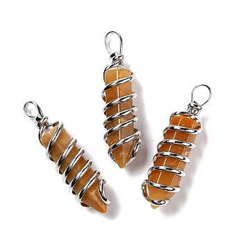 Natural Yellow Aventurine Big Pendants, Eco-Friendly Copper Wire Wrapped, Platinum, Cadmium Free & Lead Free, Bullet, 54.5x14x13.5mm, Hole: 8mm