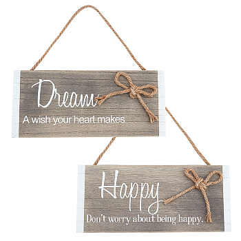 Fingerinspire Wooden Ornaments, with Jute Twine, for Party Gift Home Decoration, Rectangle with Word, BurlyWood, 2pcs/set