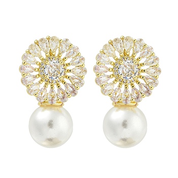 Rack Plating Brass Micro Pave Clear Cubic Zirconia Stud Earrings, with Plastic Pearl, Flower, Golden, 34x20.5mm