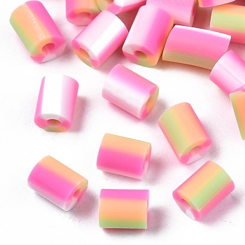Handmade Polymer Clay Beads,  3 Tone, Column, Pink, 5x2.5~6.5mm, Hole: 1.8mm