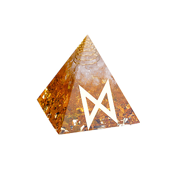 Orgonite Pyramid Resin Display Decorations, with Brass Findings, Gold Foil and Natural Citrine Chips Inside, for Home Office Desk, 50mm