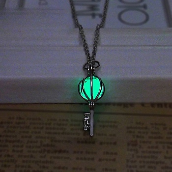 Opened Hollow Alloy Luminous Pendant Necklace, Key, Green, 8.27~19.69 inch(21~50cm)