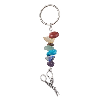Tibetan Style Zinc Alloy Keychains, with Synthetic & Natural Mixed Gemstone and Iron Split Key Rings, Scissor, 8.7cm, Scissor: 66x15x3mm