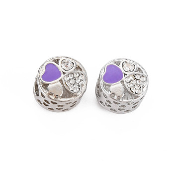 Rack Plating Alloy Enamel European Beads, with Crystal Rhinestone, Large Hole Beads, Cadmium Free & Nickel Free & Lead Free, Flat Round with Heart, Platinum, Blue Violet, 11x9mm, Hole: 5mm