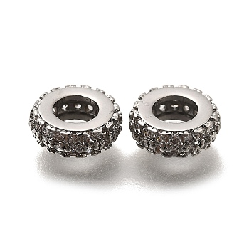Brass Micro Pave Clear Cubic Zirconia European Beads, Rondelle Wheel Large Hole Beads, Platinum, 8.5x3mm, Hole: 4mm