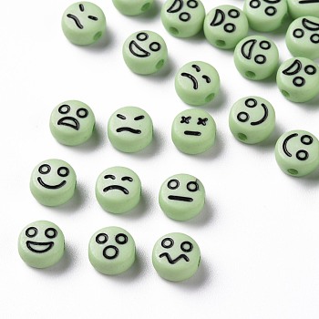 Opaque Pale Green Acrylic Beads, Flat Round with Black Random Expression, 7x4mm, Hole: 1.6mm