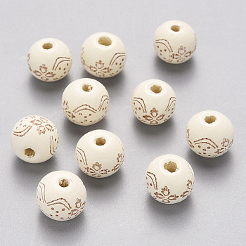 Painted Natural Wood Beads, Laser Engraved Pattern, Round with Flower Pattern, Creamy White, 10x9mm, Hole: 3mm