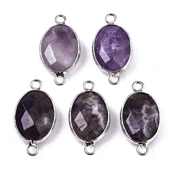 Natural Amethyst Links/Connectors, Platinum Tone Brass Edge, Faceted Oval, 27.5x14~15x6mm, Hole: 2mm