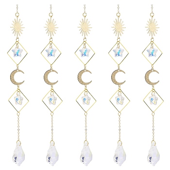 Electroplate Glass Star & Teardrop Window Hanging Suncatchers, Golden Brass Sun & Moon Pendants Decorations Ornaments, Clear AB, 220x28mm