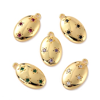 Eco-Friendly Brass Micro Pave Cubic Zirconia Charms, Cadmium Free & Lead Free, Real 18K Gold Plated, Oval with Star, Mixed Color, 17x10x2.5mm, Hole: 1.2mm