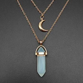 Opalite Cone Pendant Double Layer Necklace, with Moon Charms, 19.69 inch(50cm)