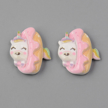 Opaque Resin Cabochons, Unicorn with Dount, Pink, 17x20x6mm