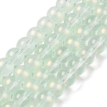 Glass Bead Strands, with Glitter Powder, Round, Pale Green, 8x7.5mm, Hole: 1mm, about 105pcs/strand, 31.02''(78.8cm)