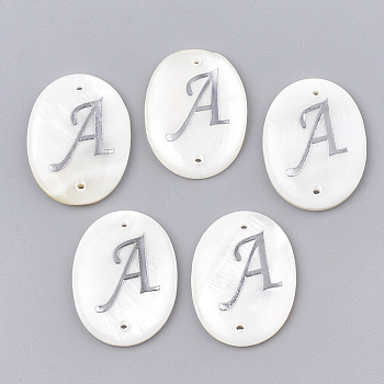 Freshwater Shell Links connectors, with Brass Findings, Oval with Letter, Platinum, Letter.A, 25.5x19x3mm, Hole: 1.2mm