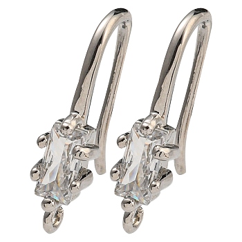 Brass Pave Clear Cubic Zirconia Earring Hooks, Ear Wire, Cadmium Free & Lead Free, Platinum, 18x4.5x10mm, Hole: 1.2mm, 18 Gauge, Pin: 1mm