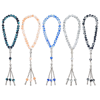 5Pcs 5 Colors Alloy Charm Bracelets, Glass Round Beaded Stretch Bracelets for Women, Mixed Color, 10-1/8 inch(25.6cm), 1pc/color 