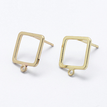 Brass Stud Earring Findings, with Loop, Long-Lasting Plated, Real 18K Gold Plated, Nickel Free, Square, 12x10x1mm, Hole: 1mm, Pin: 0.8mm