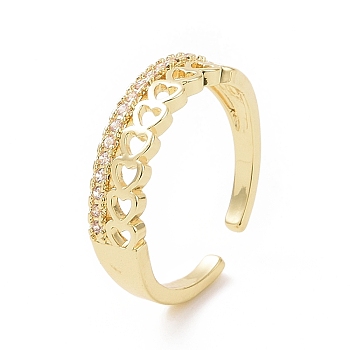 Clear Cubic Zirconia Hollow Out Heart Open Cuff Ring, Brass Jewelry for Women, Golden, Inner Diameter: 16mm