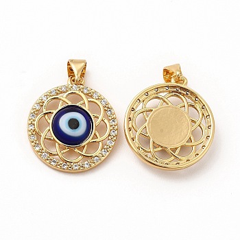 Rack Plating Brass Micro Pave Clear Cubic Zirconia Pendants, with Handmade Evil Eye Lampwork, Cadmium Free & Lead Free, Long-Lasting Real 18K Gold Plated, Flat Round with Flower Charm, Blue, 21.5x19x4.5mm, Hole: 4.5x3.5mm