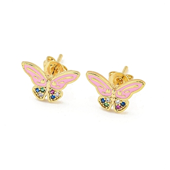 Butterfly Real 18K Gold Plated Brass Stud Earrings, with Enamel and Cubic Zirconia, Pink, 8x12.5mm