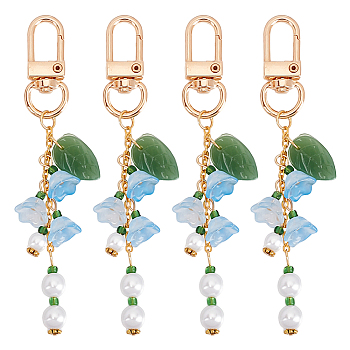Lily Of The Valley Glass & Acrylic & Lampwork Pendant Decoration, with Alloy Swivel Clasps, Golden, 100mm, 4pcs/set