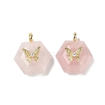 Natural Rose Quartz Faceted Pendants, Hexagon Charms with Brass Pave Clear Cubic Zirconia Butterfly, Real 18K Gold Plated, Long-Lasting Plated, Rack Plating, 22x19x10mm, Hole: 3.5x2mm(G-P585-01G-09)
