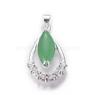 Cat Eye Pendants, with Cubic Zirconia and Alloy Findings, Teardrop, Silver Color Plated, LimeGreen, 25x16x5mm, Hole: 4x5mm(PALLOY-F228-08S)