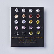 Cubic Zirconia Stud Earrings, with 304 Stainless Steel Findings, Mixed Color, 14x6mm, Pin: 0.6mm(EJEW-I209-09-6mm)
