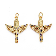 Brass Micro Pave Cubic Zirconia Pendants, with Jump Rings, Nickel Free, Real 16K Gold Plated, Cross with Wing, Mixed Color, 25x20x2.5mm, Jump Ring: 5x1mm, 3mm inner diameter(KK-Q252-070A-NF)
