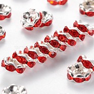 Brass Rhinestone Spacer Beads, Grade A, Red, Silver Color Plated, Nickel Free, Size: about 6mm in diameter, 3mm thick, hole: 1mm(RSB028NF-08)