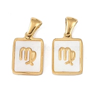 Constellations Natural White Shell Pendants, Ion Plating(IP) 304 Stainless Steel Rectangle Charms, Real 18K Gold Plated, Virgo, 16x10.5x1.5mm, Hole: 5x3mm(STAS-M338-01L-G)