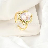 Brass Enamel Cuff Rings, with Natural Freshwater Pearl, Real 18K Gold Plated, Oval with Flower, White, Inner Diameter: 16mm(RJEW-K291-04G-02)