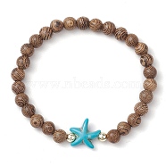 Summer Beach Starfish Dyed Synthetic Turquoise & 6mm Round Wenge Wood Beaded Stretch Bracelets for Women, Turquoise, Inner Diameter: 1-7/8 inch(4.7cm)(BJEW-JB10514-01)