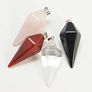 Natural & Synthetic Mixed Stone Pendants, with Brass Clasp, Faceted Cone Pendulum, Platinum, 31~37.5x14~16mm, Hole: 1.7mm(G-I023-M)