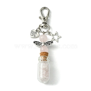 Glass Wishing Bottle with Natural Rose Quartz inside Pendant Decorations, Star & Heart Tibetan Style Alloy and Swivel Lobster Claw Clasps Charm, 86mm, Pendants: 58x21.5x13mm(HJEW-JM01741-02)