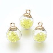 Transparent Glass Bottle Pendants, with Glass Rhinestone Inside and  Eco-Friendly Plastic Bottle Caps, Round, Yellow, 21x16mm, Hole: 2.5mm(GLAA-L018-07)