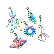 201 Stainless Steel Pendants Decorations, with 304 Stainless Steel Lobster Claw Clasps, Moon & Eye & Planet & Sun & Flower, Rainbow Color, 43~65mm, Hole: 3mm(HJEW-JM00545)