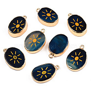 Natural Agate Pendants, with Light Gold Plated Brass Edge & Iorn Loops, Gold Powder, Dyed & Heated, Oval with Sun Charm, Marine Blue, 23~24x15~16.5x4~6.5mm, Hole: 1.6mm(G-N326-156A)