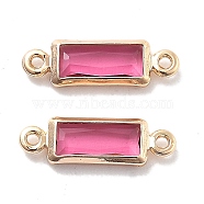 Brass Pave Glass Connector Charms, Real 18K Gold Plated, Rectangle Links, Hot Pink, 12x3.5x1.5mm, Hole: 0.8mm(KK-M102-50G-01)