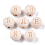 Unfinished Natural Wood European Beads, Large Hole Beads, Laser Engraved Pattern, Round with Word, Letter.R, 15~16x14~15mm, Hole: 4mm(WOOD-S045-143A-01R)