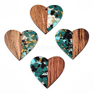 Transparent Resin & Walnut Wood Pendants, with Gold Foil, Heart Charms, Turquoise, 37x39x3mm, Hole: 2mm(RESI-TAC0017-73-A02)