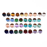 Resin & Walnut Wood Stud Earring Findings, with 304 Stainless Steel Pin, Flat Round, Mix Style, Mixed Color, 14mm, Hole: 1.8mm, Pin: 0.7mm(MAK-N032-007A)